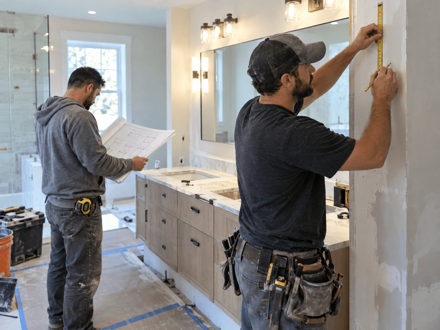 Houston bathroom remodeling with vanity lighting mirror faucet and hardware installation