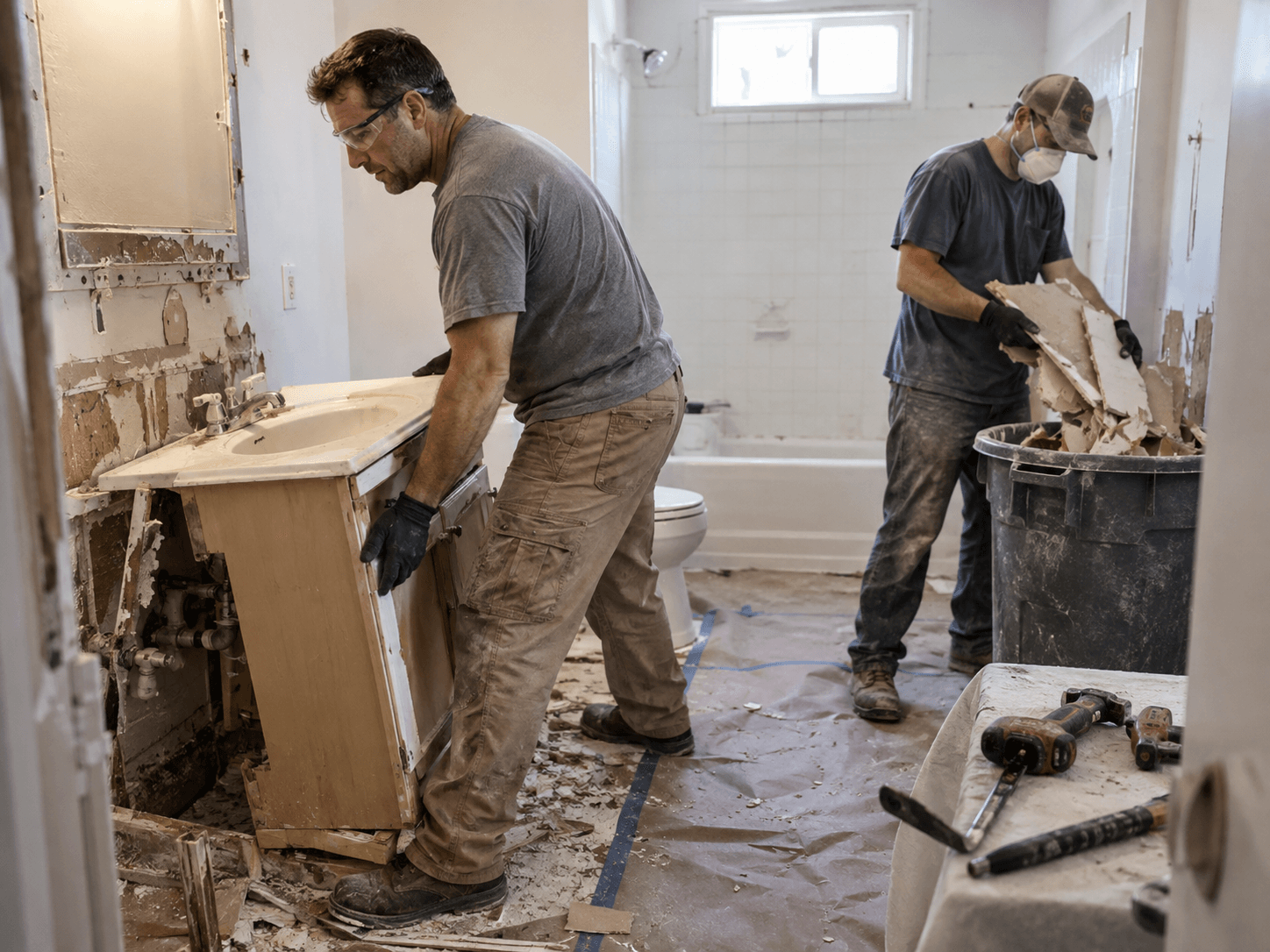 Houston bathroom fixture installation with coordinated faucets hardware lighting and finish updates