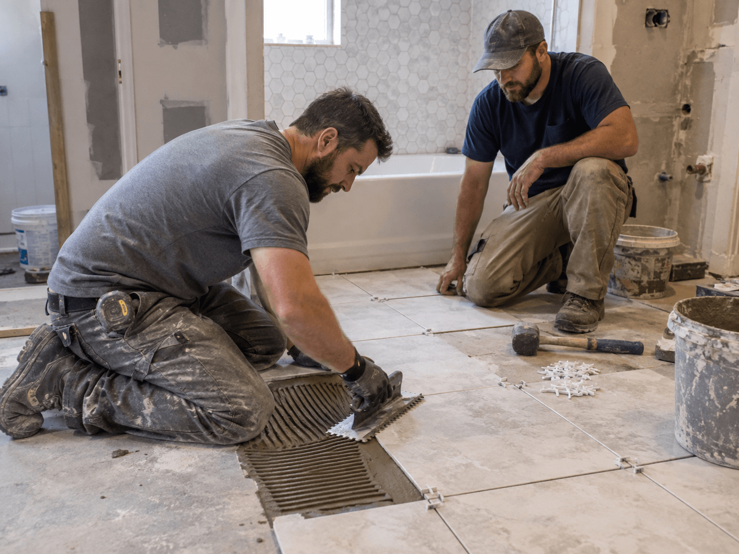 Bathroom lighting fixture installation coordinated with vanity and mirror updates in Houston