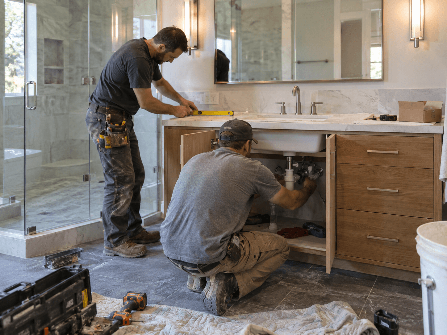 Houston vanity fixture installation with sink faucet mirror and cabinet hardware updates