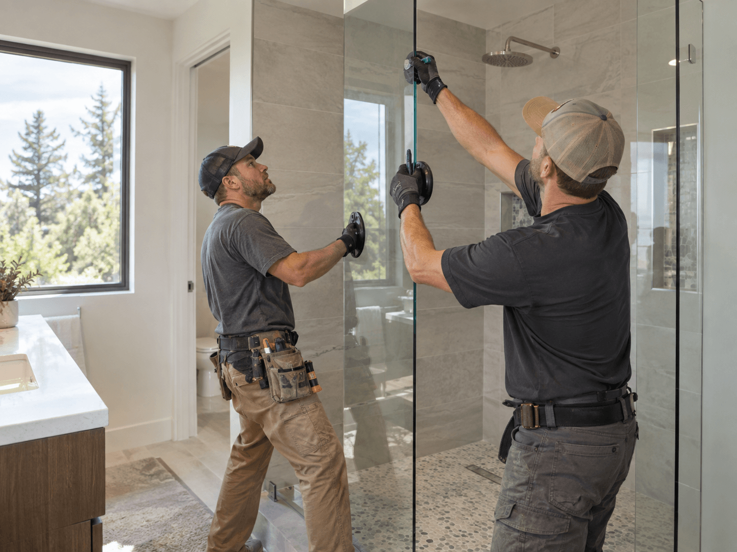 Bathtub fixture installation in a Houston bathroom with coordinated tub filler controls and finishes