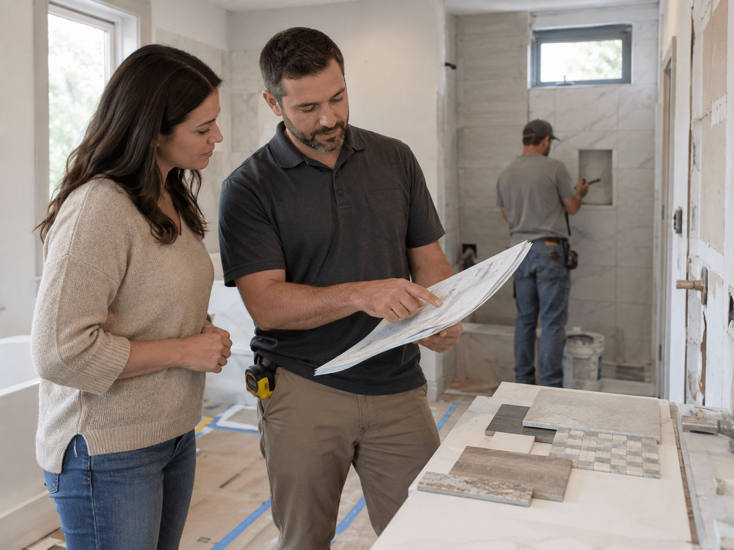 Contractor reviewing Houston bathroom remodeling fixture selections and installation details