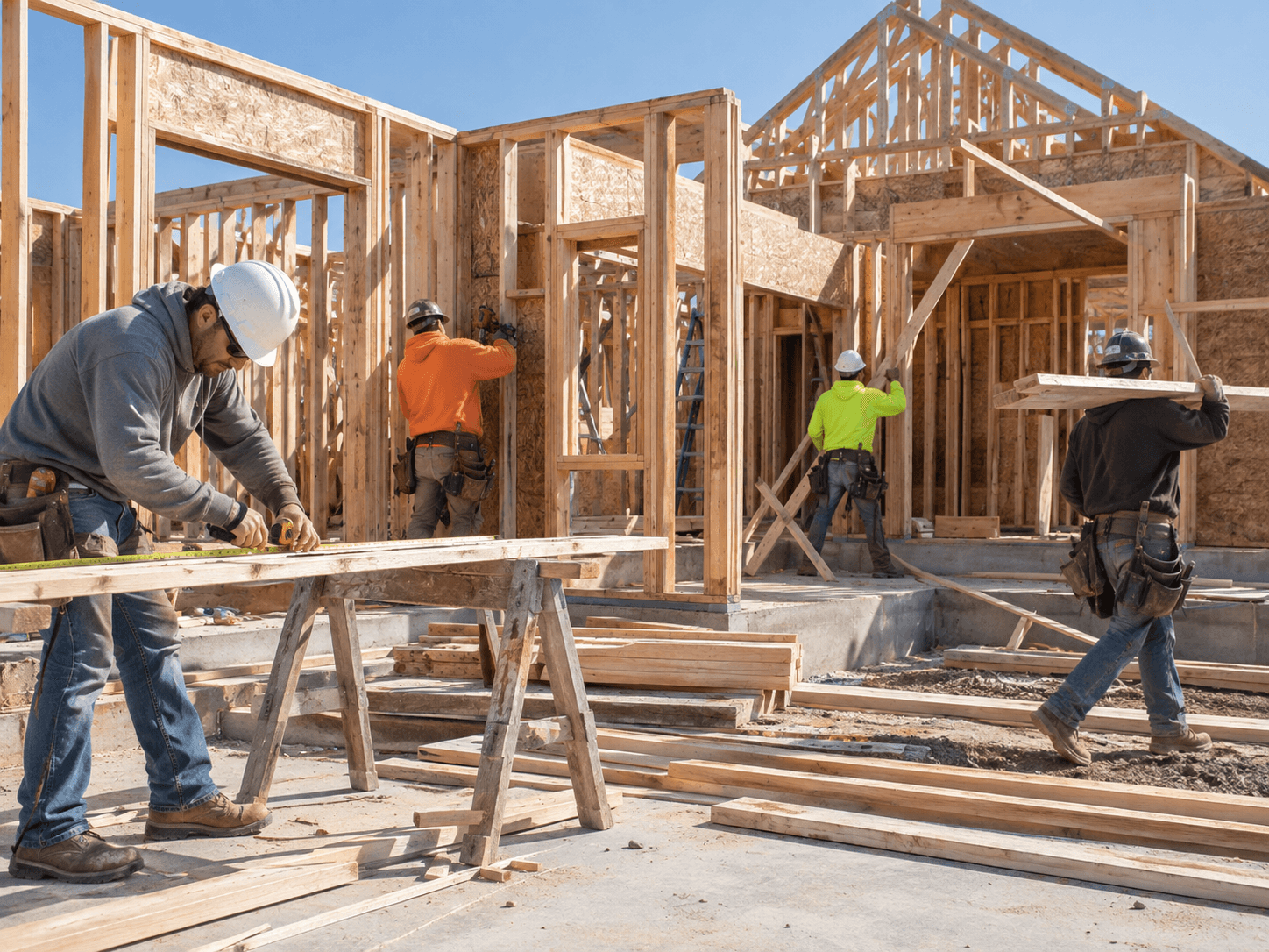 Houston residential new construction crew framing a new home with exposed wood structure