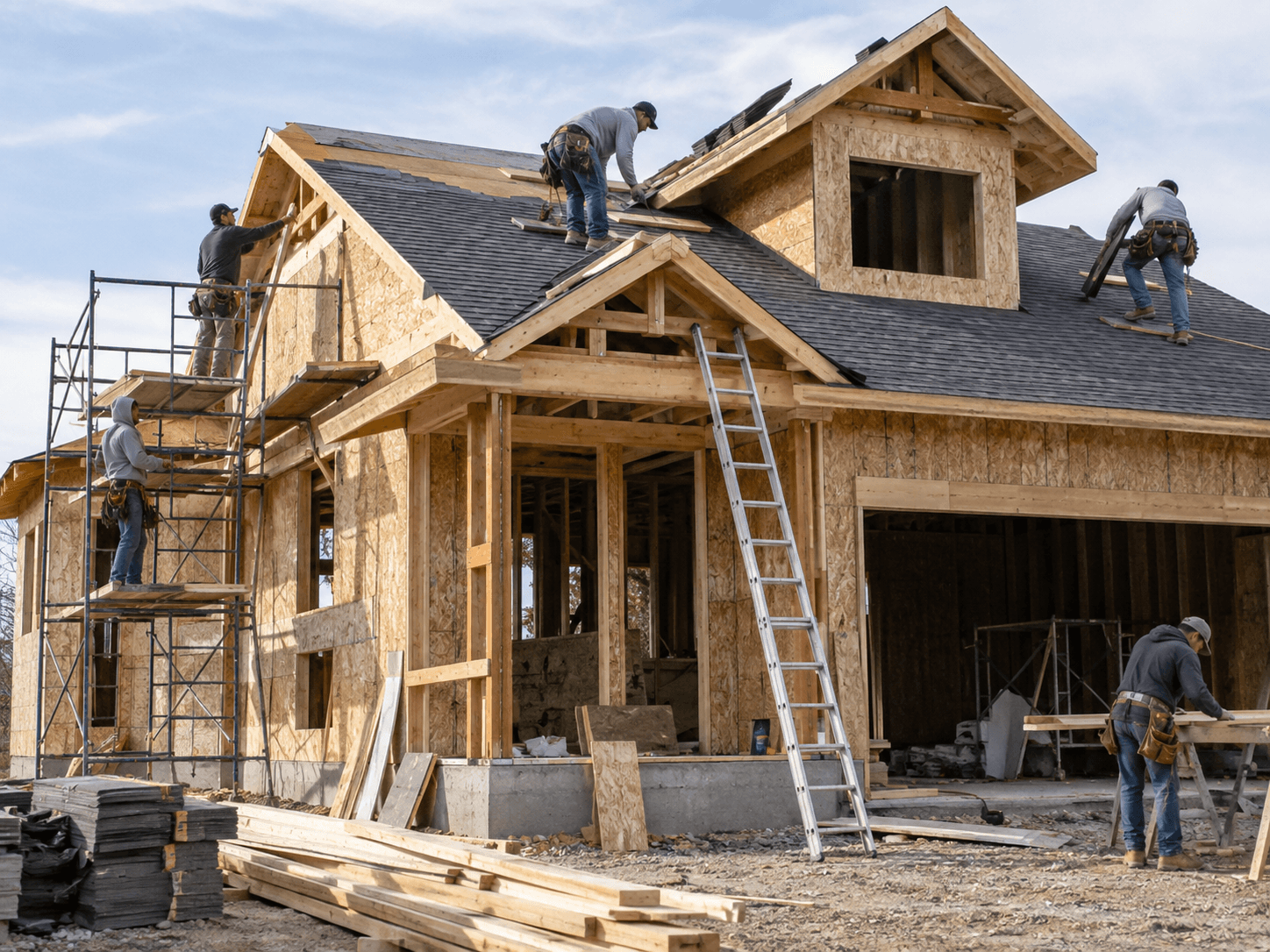 Houston new home construction crew installing roof and exterior framing on a residential build