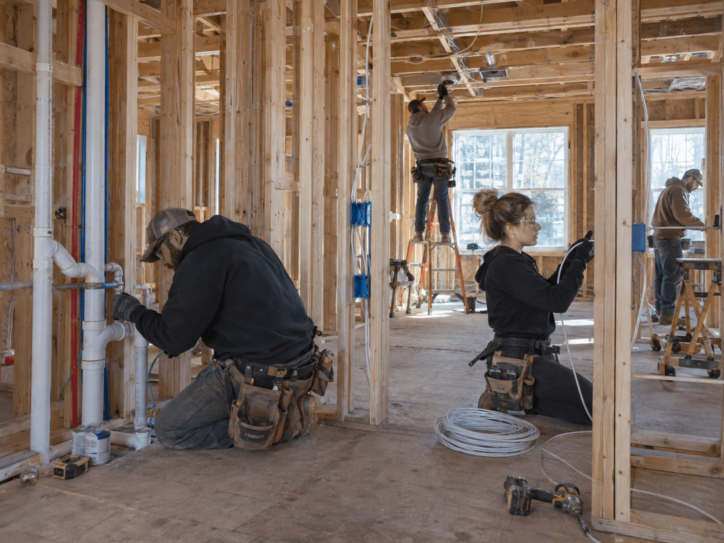 Houston new home construction rough-in with plumbing, electrical wiring, and exposed framing