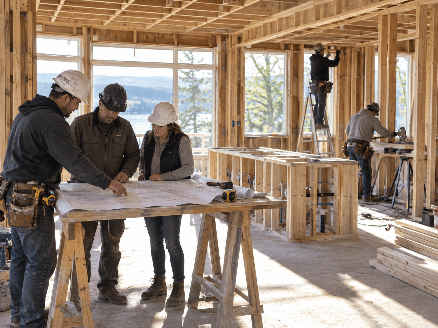 Houston residential new construction team reviewing architectural plans inside a framed home