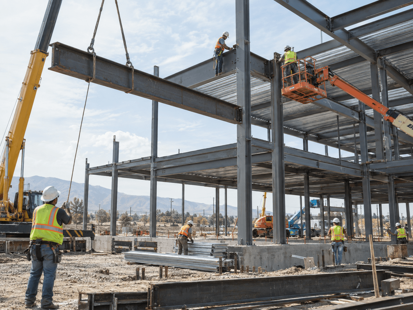Houston commercial new construction crew erecting structural steel for a new building