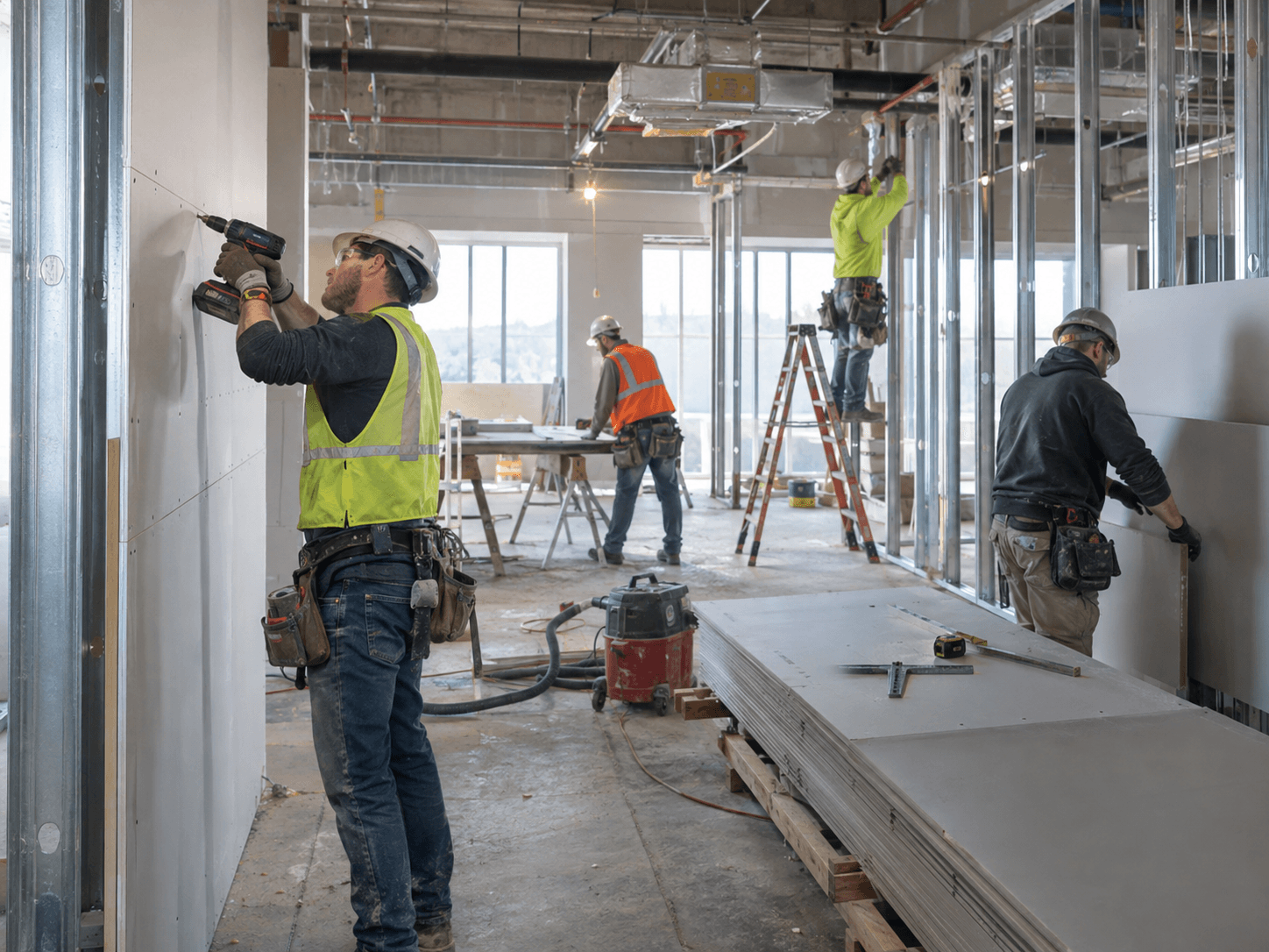 Houston commercial build-out crew installing drywall, metal framing, and interior construction systems