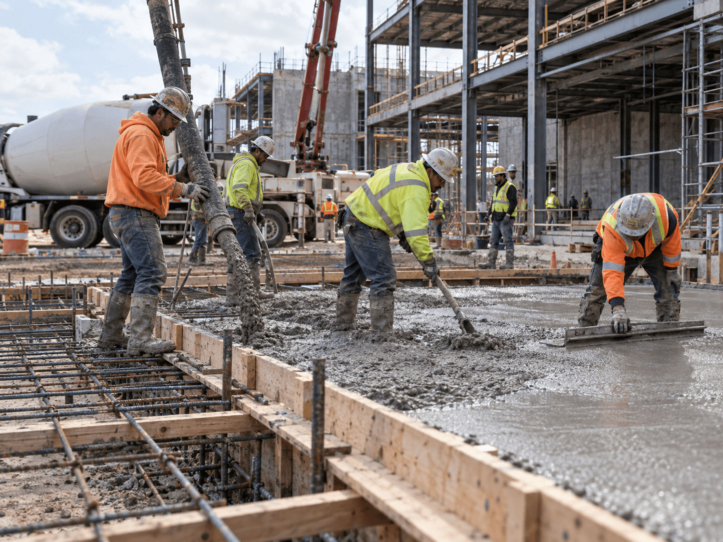 Houston ground-up commercial construction crew pouring and finishing a new concrete foundation