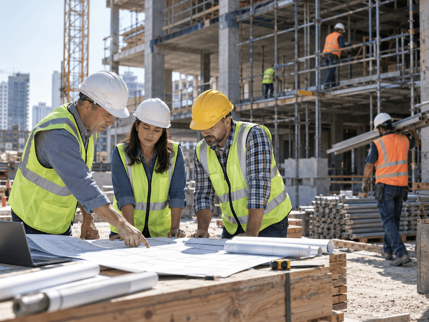 Houston commercial construction team reviewing building plans at an active job site