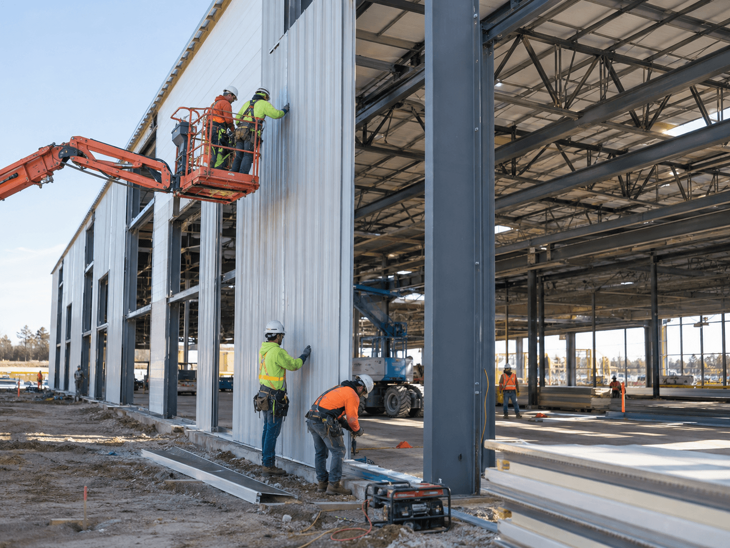 Houston structural framing construction with workers installing exterior wall systems on a commercial building