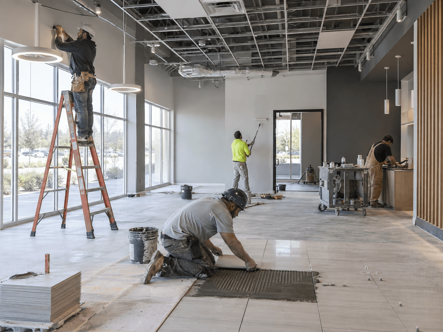 Houston commercial interior construction crew installing flooring, lighting, and finish systems in a new space