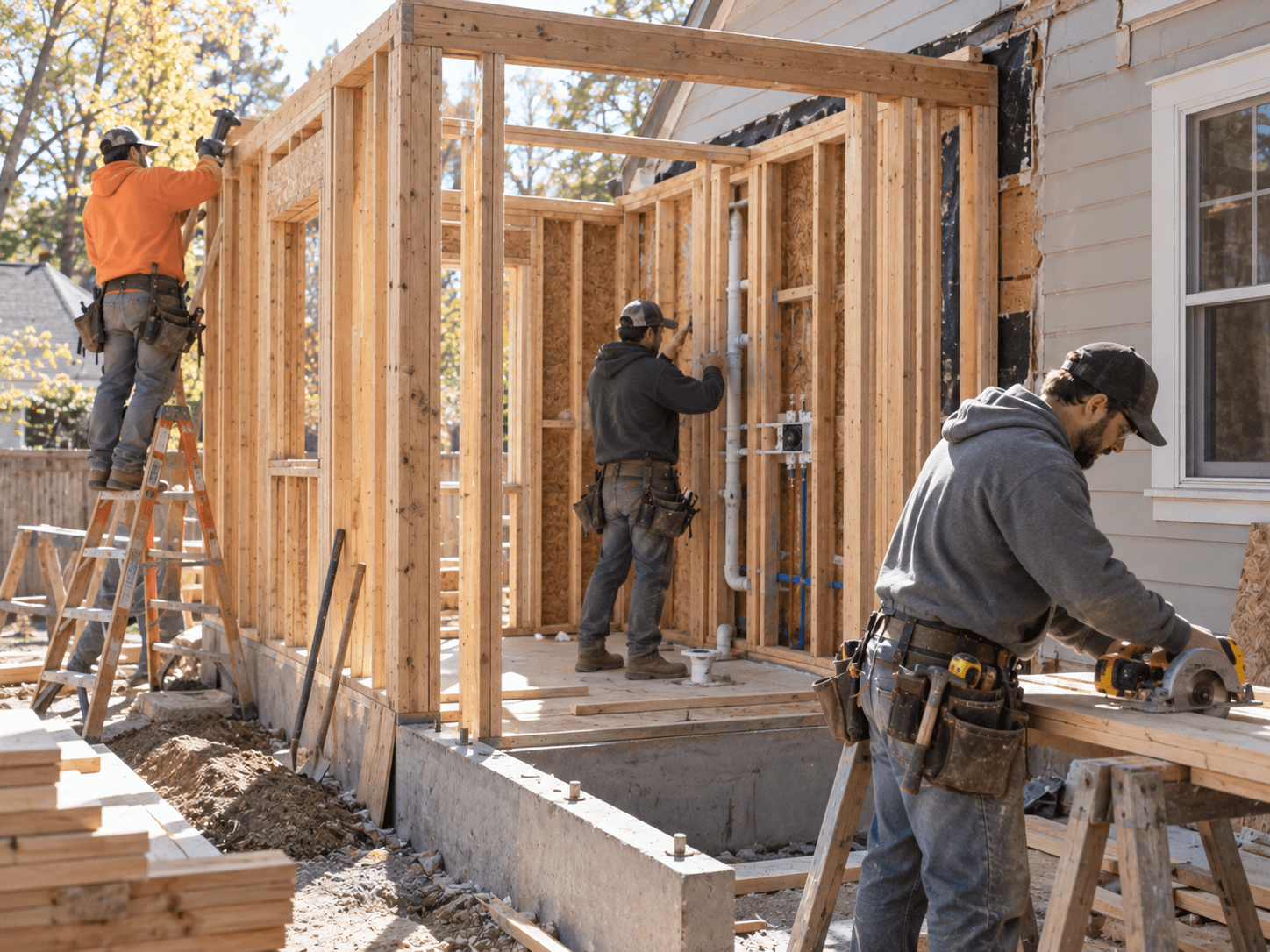 Bathroom Addition Framing Houston Houston bathroom addition framing attached to an existing home with contractors actively building the new space