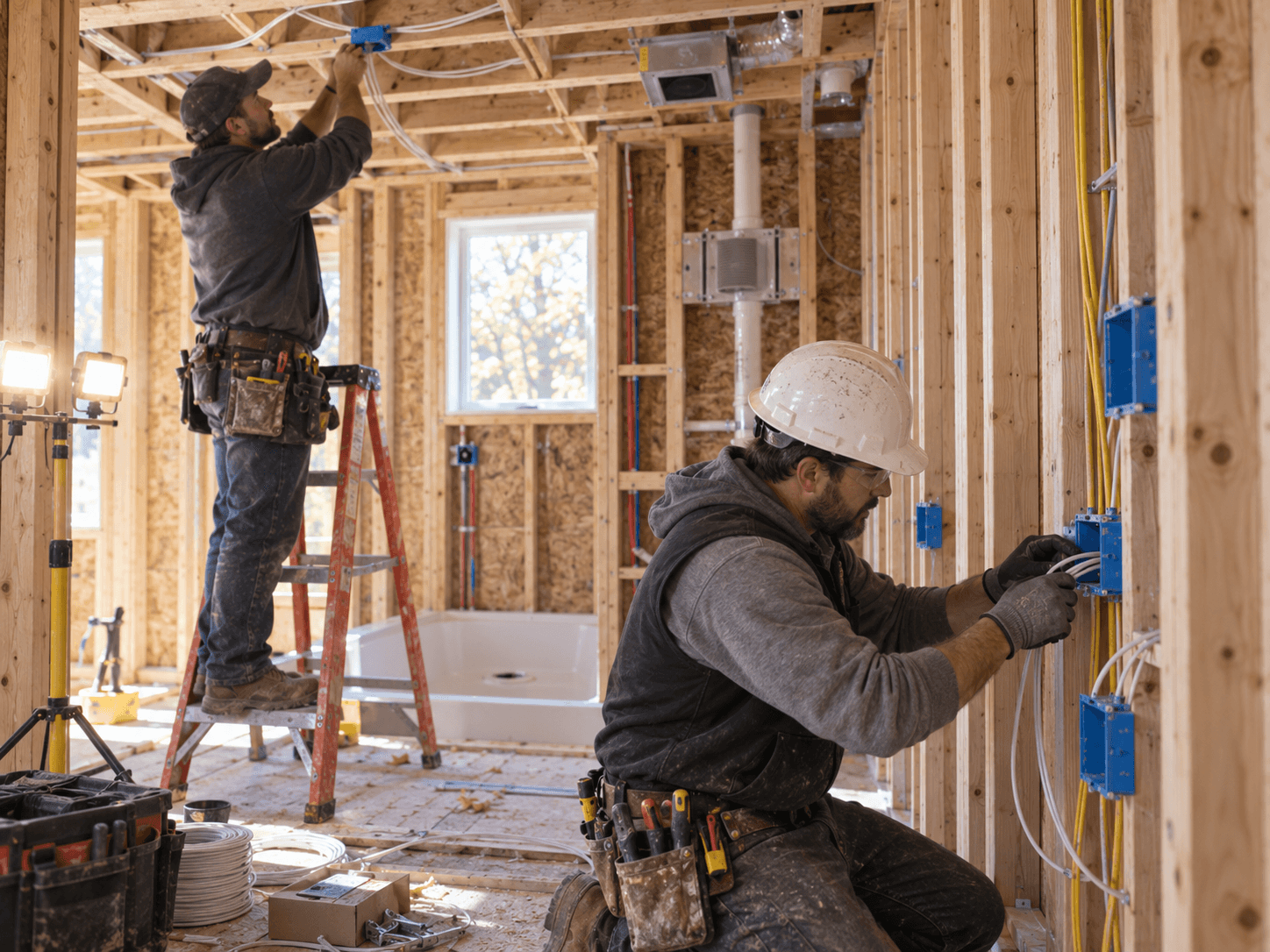 Bathroom Addition Electrical Rough In Houston Contractors completing electrical rough-in and building system work for a new Houston bathroom addition