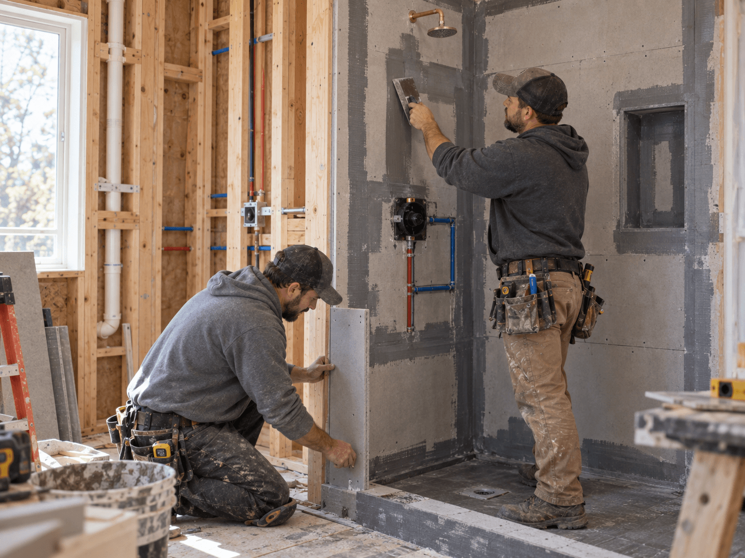 Houston Bathroom Addition Builder Shower construction and waterproofing work underway inside a Houston residential bathroom addition
