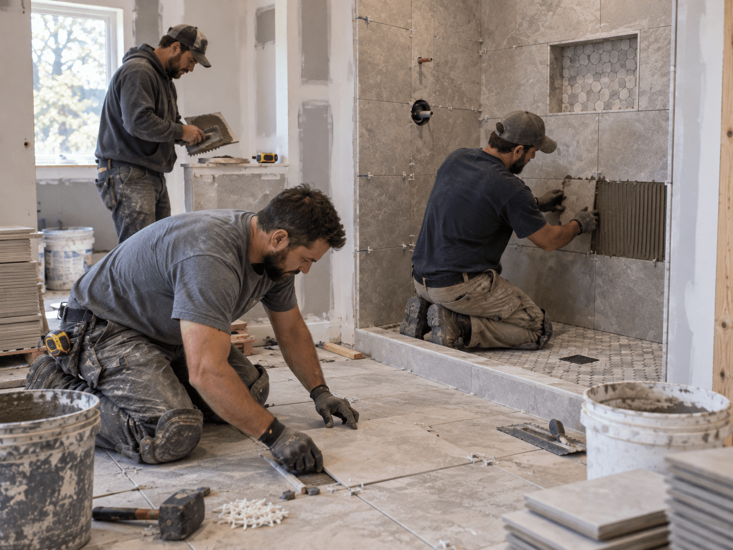 Bathroom Addition Tile Construction Houston Bathroom tile and shower finish construction underway during a Houston home bathroom addition