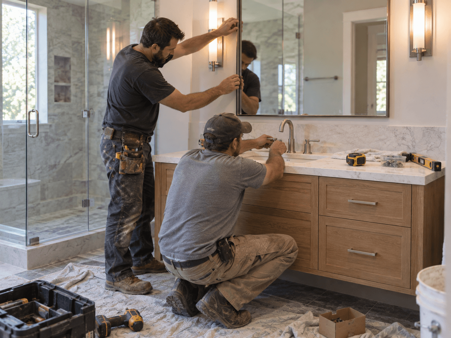 Bathroom Addition Finish Installation Houston Contractors installing a bathroom vanity mirror faucet and finish fixtures in a Houston bathroom addition