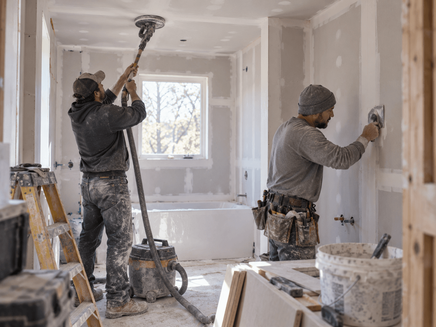 Drywall and interior wall finishing underway inside a newly built Houston bathroom addition