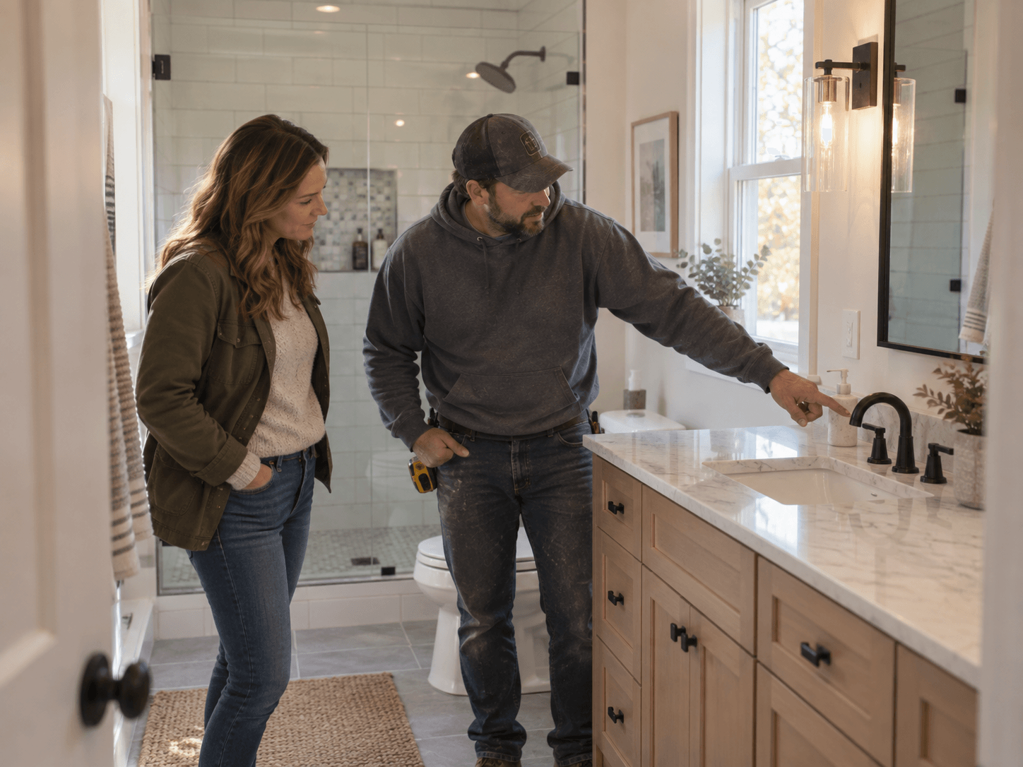 Bathroom Addition Estimate Houston Contractor reviewing the completed bathroom addition with a homeowner after construction in Houston